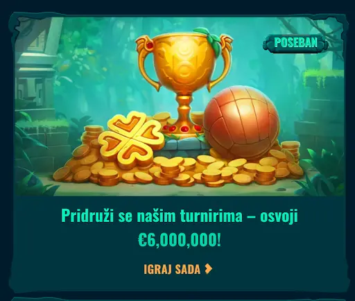 Turnirska nagrada do €6,000,000 – pridruži se sada! Zlatni trofej, novčići i lopta na podijumu u džungli — poseban turnir