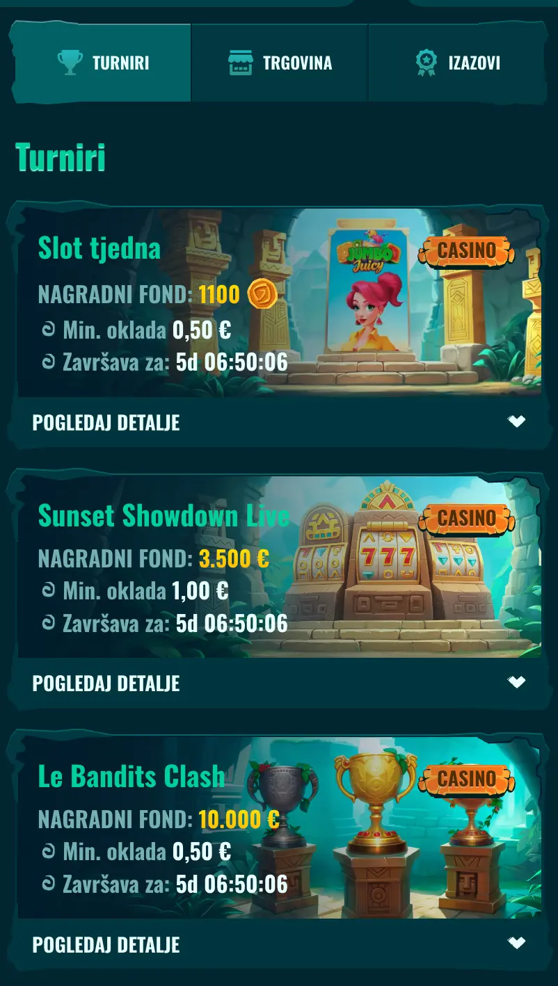 Turniri u online casinu – Slot tjedna, Sunset Showdown i Le Bandits Clash Prikaz tri online casino turnira s naslovima Slot tjedna, Sunset Showdown Live i Le Bandits Clash, s nagradnim fondovima i vremenima završetka