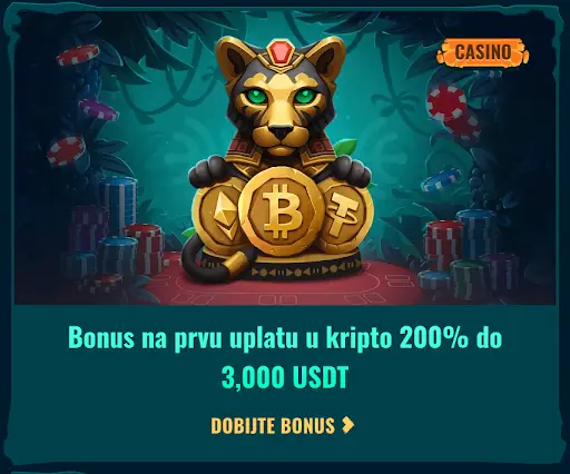 Kripto bonus 200% do 3,000 USDT na prvu uplatu Zlatna statua pantere s kripto simbolima okružena čipovima u džungli, promocija kripto bonusa