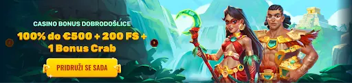 Casino bonus dobrodošlice s likovima u avanturističkom okruženju i pozivom na pridruživanje Promo banner s junacima u džungli koji nude casino bonus dobrodošlice do 500 €, 200 besplatnih vrtnji i 1 Bonus Crab