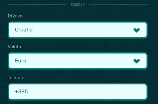 Odabir države, valute i unos telefona prilikom registracije Obrasci za odabir države (Croatia), valute (Euro) i unos telefonskog broja (+385)