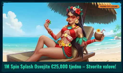 Osvojite €25,000 tjedno uz 1M Spin Splash – Spinanga Casino Promo Animirana žena u crvenom bikiniju s čipovima i kokosom, opuštena na ležaljci uz more