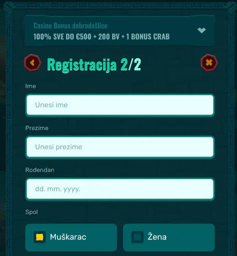 Registracija 2/2 s opcijama za muškarce i žene Drugi korak registracije – unos imena, prezimena, datuma rođenja i spola