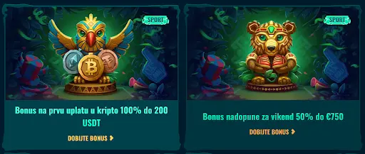 Sportski kripto bonus 100% do 200 USDT Zlatna ptica s kripto simbolima u džungli, označena kao sportska promocija