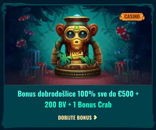 Bonus dobrodošlice do 500 € + 200 besplatnih vrtnji i 1 Bonus Crab Zlatna statua majmuna okružena čipovima u džungli, promocija bonusa dobrodošlice u online casinu