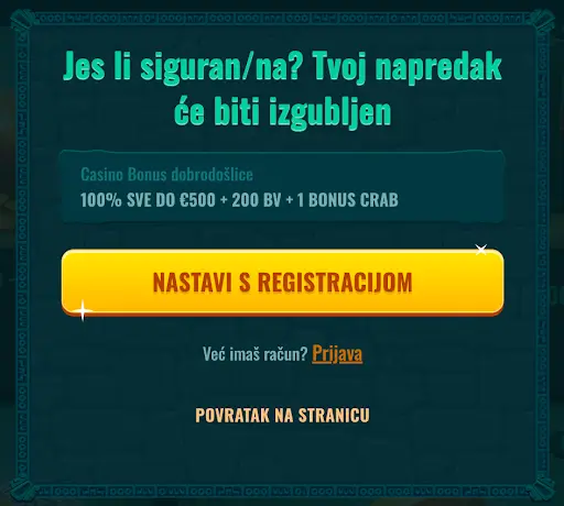 Poruka o gubitku napretka prilikom napuštanja registracije Upozorenje o gubitku napretka s opcijama za nastavak registracije, prijavu i povratak na stranicu