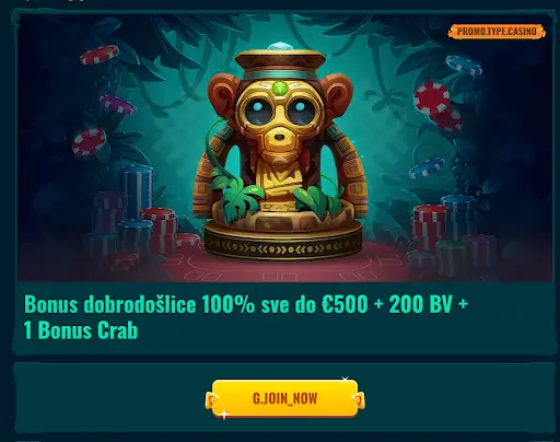 Bonus dobrodošlice 100% do €500 + 200 BV + 1 Bonus Crab – Spinanga Casino Zlatna statua majmuna okružena čipovima za kockanje u džungli, uz tekst bonusa
