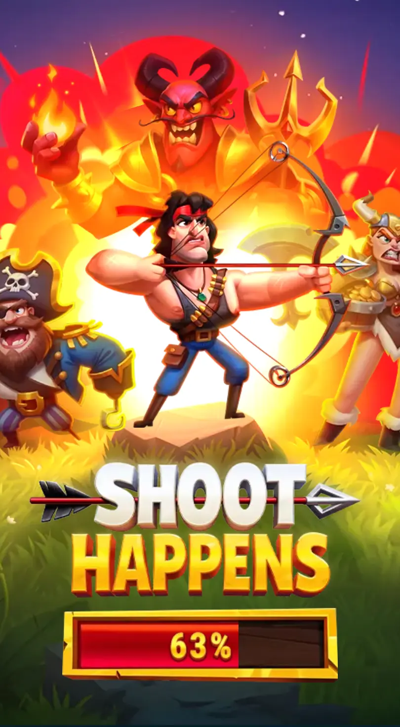 Shoot Happens – Akcijska igra sa streličarom, gusarom i demonskim neprijateljem Karikaturalni ratnik s lukom i strijelom cilja prema naprijed, okružen gusarom, ratnicom i demonom u pozadini, s natpisom “Shoot Happens” i trakom učitavanja na 63%